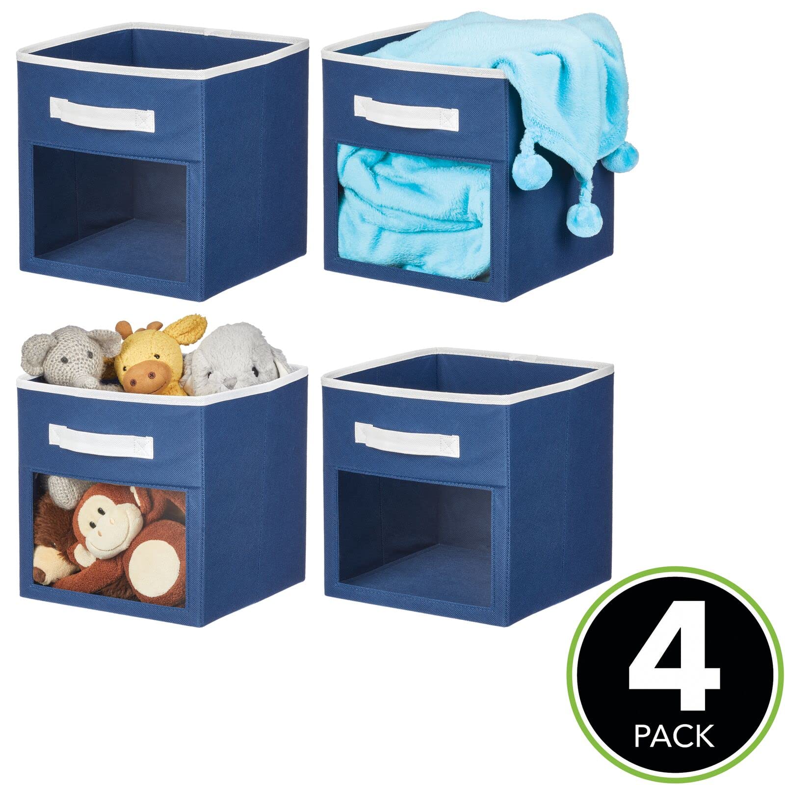 mDesign Fabric Nursery/Playroom Closet Storage Organizer Bin Box with Front Handle/Window for Cube Furniture Shelving Units  Hold Toys  Clothes  Diapers  Bibs  Jane Collection  4 Pack  Navy Blue/White